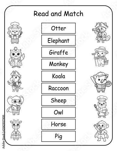 Printable costume animal read and match worksheets for preschool and pre-k learners. Kids read each word and draw a line to the matching dressed-up animal picture, building word recognition