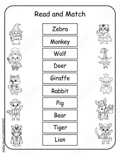 Printable costume animal read and match worksheets for preschool and pre-k learners. Kids read each word and draw a line to the matching dressed-up animal picture, building word recognition