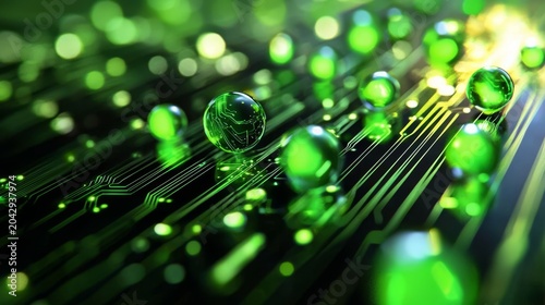 Artistic interpretation of a circuit board with luminous spheres for tech symbolism.