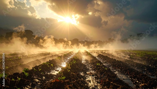 Dramatic sunrise over misty mountain valley with smoke.