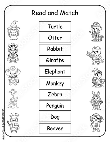 Printable costume animal read and match worksheets for preschool and pre-k learners. Kids read each word and draw a line to the matching dressed-up animal picture, building word recognition