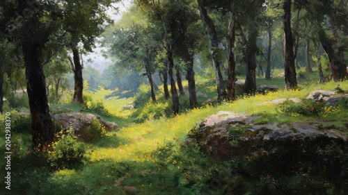 Sunlight filters through trees in a forest clearing where green grass and wildflowers grow on a clear day