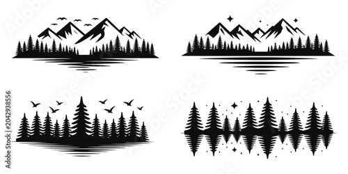 Photos Pine Tree Landscape Illustration Featuring Dense Forest Silhouette, Treeline Pan