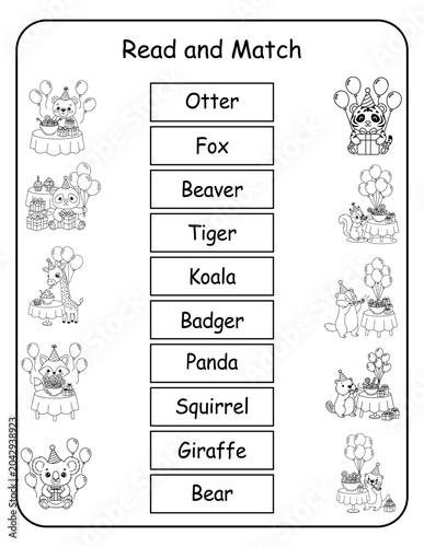 Printable birthday animal read and match worksheets for preschool and kindergarten classrooms. Children read each party animal word and connect it to the correct picture, developing word recognition 