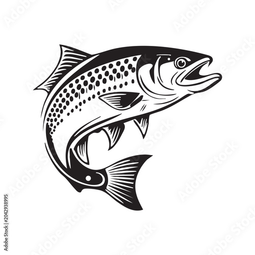 umping salmon fish vector illustration, vintage retro trout silhouette icon, black and white linear art style seafood and fishing logo element isolated on white background