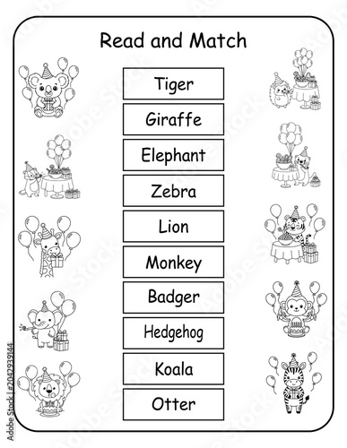 Printable birthday animal read and match worksheets for preschool and kindergarten classrooms. Children read each party animal word and connect it to the correct picture, developing word recognition 