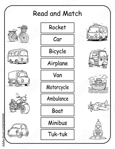 Printable transportation read and match worksheets for preschool and kindergarten classrooms. Children read each vehicle word and connect it to the correct picture, developing word recognition