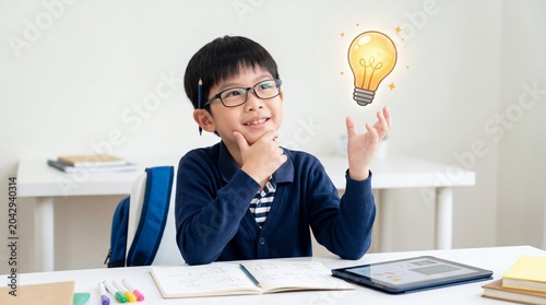 Bright Idea Discovery: A young Asian boy in glasses sits at a desk with school supplies, contemplating a glowing lightbulb illustration above his hand.
