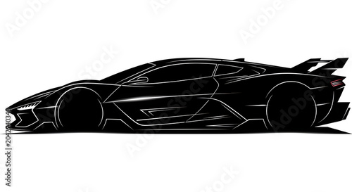 Modern sports car line art illustration with dynamic white outline isolated on transparent background