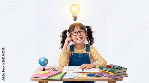 A Bright Idea: A young student, eyes sparkling with inspiration, wears glasses and sits at a desk filled with books and school supplies.