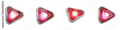 Set of glossy red play button icons with metallic frames isolated on black