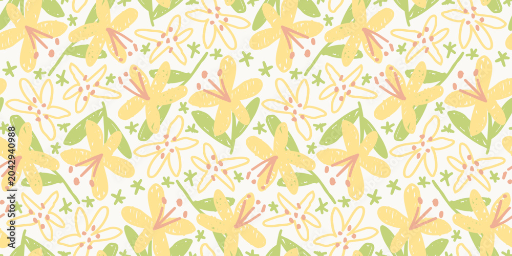 Fototapeta premium Seamless pattern of yellow hibiscus flowers and leaves on light cream background for textile and wallpaper design vector 