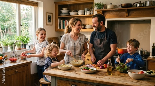 Happy family cooking together in the kitchen at home