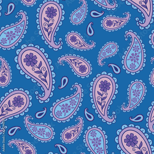 Blue pink purple flower paisley seamless vector pattern