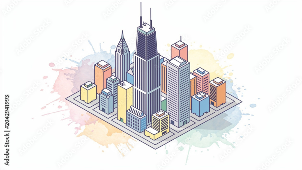 Obraz premium Colorful Cityscape with Tall Skyscrapers and Modern Buildings for Urban Development