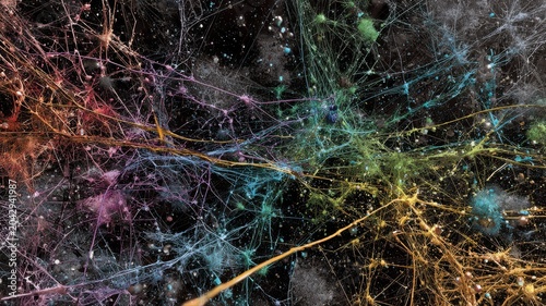 Colorful network of particles and lines seen in a digital space during a virtual science experiment on interactions