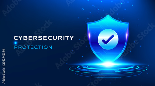 Cybersecurity protection secure shield verification technology concept with glowing digital icon on dark blue futuristic background. Modern security banner vector for data privacy, network defense, 