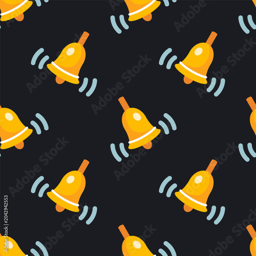 Gold bell seamless pattern. School bell. Christmas bell is ringing. Vector texture on black background. Flat design