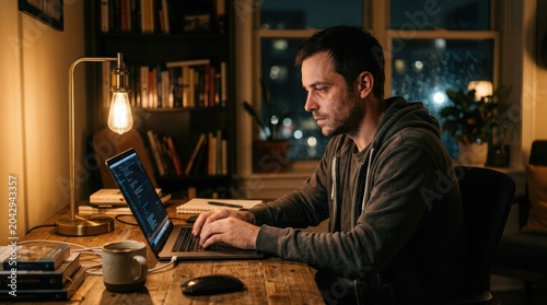 Nighttime Coding Session: A focused man works diligently on his laptop at a desk, surrounded by books and warm lighting, with a city view visible through the window.
