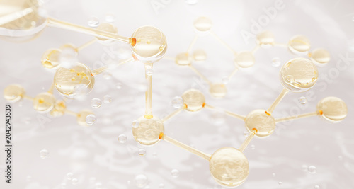 Quadro su tela Science background with gold molecules and clear collagen peptide serum drops