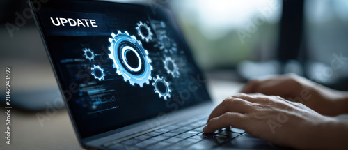 Software update laptop cybersecurity system update computer technology Person operating laptop with updating system developer operating system