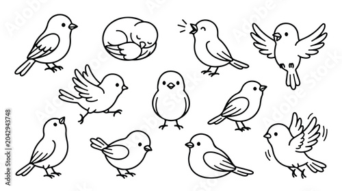 Εκτύπωση καμβά Charming Hand-Drawn Bird Illustrations, Cute Avian Characters, Simple Line Art V