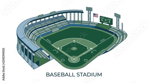 Billede på lærred Baseball Stadium Aerial View Illustration - Sports Arena, Game Day, Championship