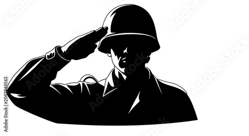 Soldier in helmet saluting with respectful gesture line art isolated on transparent background