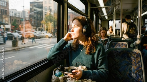 Woman in Bus Enjoying Music: A young woman with headphones on gazes thoughtfully out the window of a moving bus, enjoying her music and the passing cityscape.