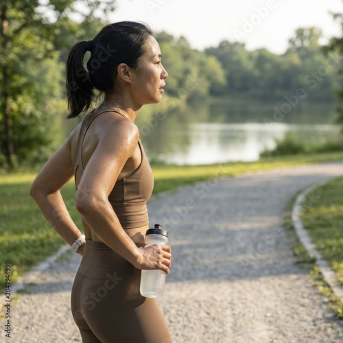 Focused woman enjoys refreshing break after jogging along scenic path by lake, showcasing determination and fitness