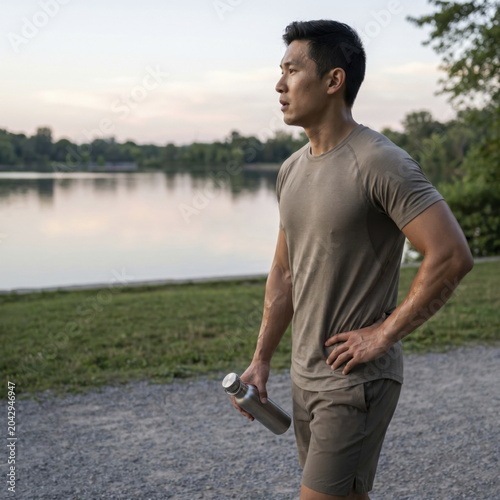 Fit man stands by serene lake, holding water bottle, enjoying moment of reflection after exercising
