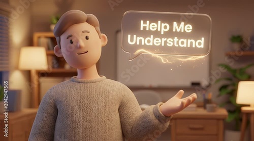 Animated character asking for help with text bubble on white board