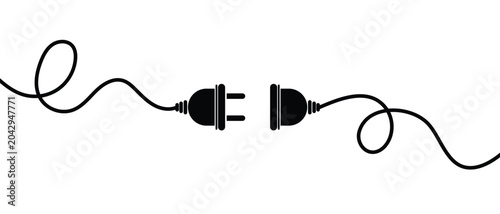 Bild auf Leinwand Black electric male plug and female socket disconnected with wavy cords, isolated on a white background