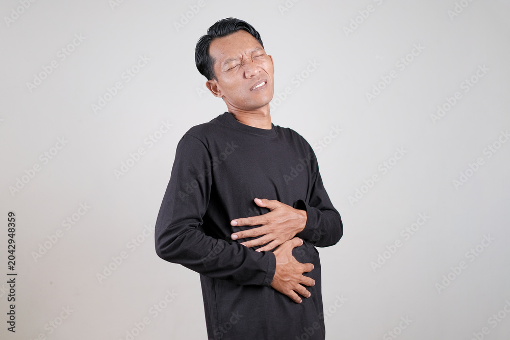 Fototapeta premium Man Showing Different Hand Gestures Isolated on Gray Background, Presentation and Communication Concept