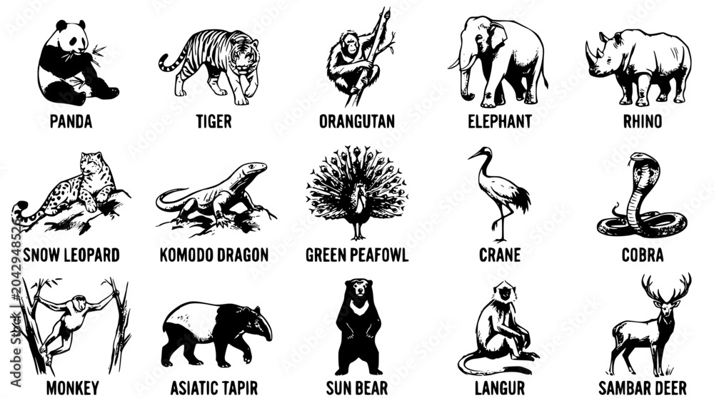 Fototapeta premium Black and white vector illustration of various wild animals collection