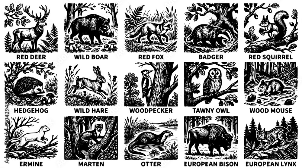 Obraz premium Black and white vector illustrations of various forest animals and wildlife