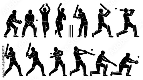 Black silhouettes of cricket players in various batting and bowling actions