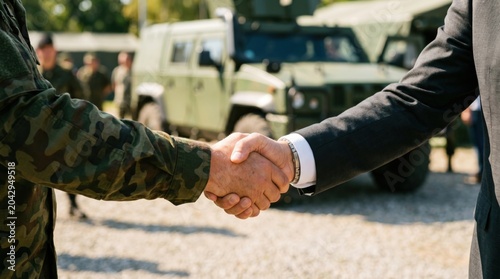 Handshake between military representative and business executive near armored vehicles. Defense cooperation, military procurement, security partnership, government contracts and strategic agreements