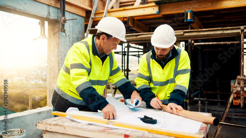 Foto Architect, men and strategy with blueprint on site for design vision, building layout or renovation