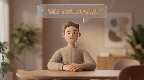 Animated male figure in conversational dialogue studio setting