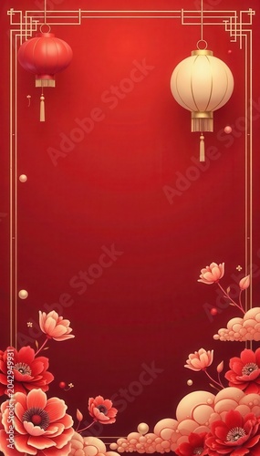 Modern minimalist line art; Chinese New Year frames, flowers, clouds, lanterns Abstract design illustrations , icons, chinese