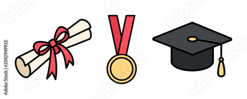 Graduation elements set - cap, folded graduate diploma, gold medal. University, college graduation concept. Icons for degree ceremony. Doodle style vector