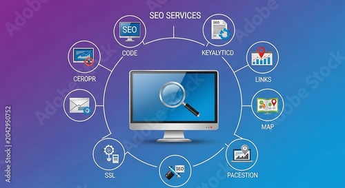 Computer monitor displays SEO services icons and magnifying glass on screen