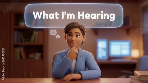 Animated person considering thoughts speech bubble digital concept