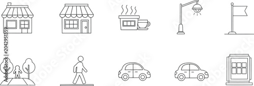 Konstfotografi Set of simple black and white line art city life icons with buildings and transp