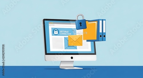 A computer monitor displays a secure email inbox with padlock and folders on a desk.