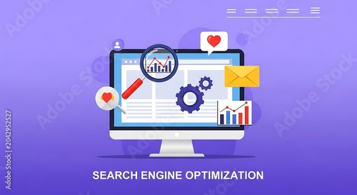 A computer screen displays a website with search engine optimization tools and graphics on the monitor.