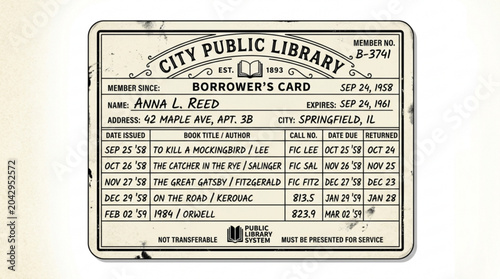 Photos Vintage library card with handwritten borrower detsvgls and due date stamp in re