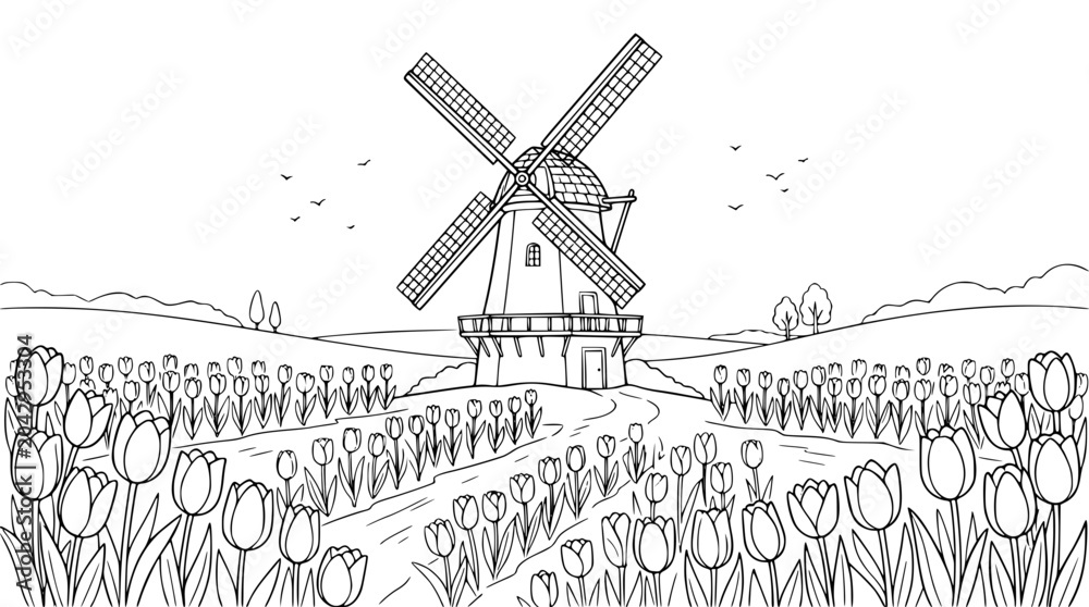Fototapeta premium Coloring Page of a Dutch Windmill in a Tulip Field Landscape