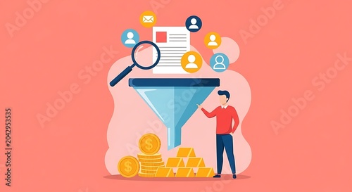 A man examines a large funnel filled with people icons, coins, and papers.